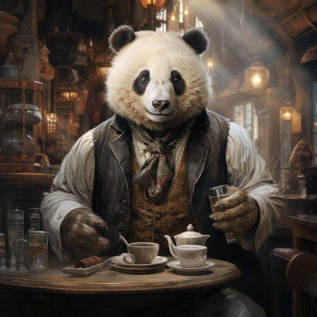 Portrait of a panda with a cup of tea in a cafeの素材