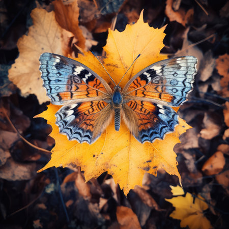 Beautiful butterfly sitting on a yellow leaf in the autumn forest.の素材