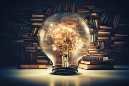 Light bulb with tree inside and books in the background.の素材
