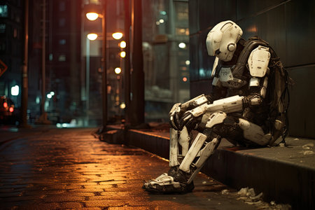 Robot sitting on the street in the city at night. Technology concept.の素材
