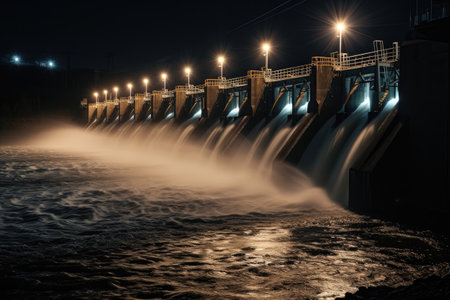 Hydroelectric power station at night with lighted floodlights.の素材