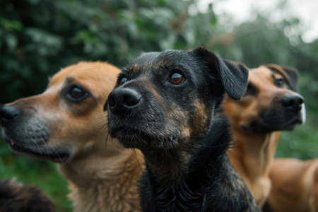 Close-up portrait of three dogs looking at the camera in the parkの素材