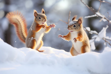 two squirrels in the snow with a nut in the winter forestの素材