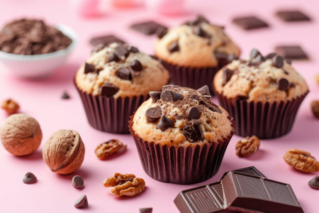 Delicious chocolate muffins with nuts on pink backgroundの素材