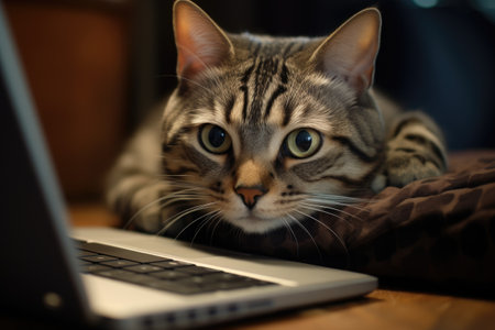 Cute tabby cat lying on the bed with a laptop.の素材