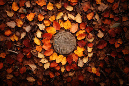 Autumn leaves background. Top view of colorful autumn leaves background.の素材