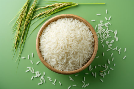 Bowl with rice grains and spikelets on color background. Top viewの素材