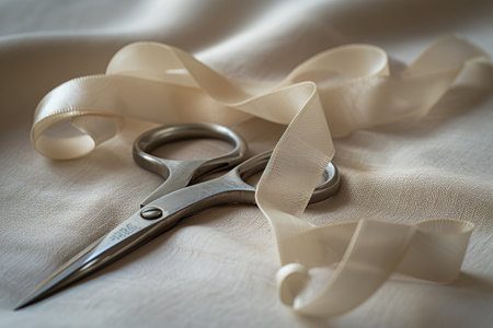 Sewing scissors with ribbons on a white fabric background.の素材