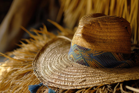 Straw hat on a straw background.の素材