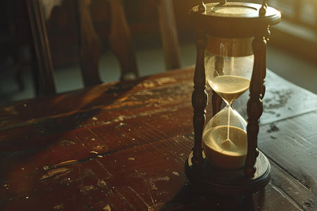 Old hourglass on wooden table in vintage style. Time concept.の素材