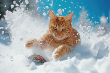 Cute ginger cat lying on the snow and playing with snowflakesの素材