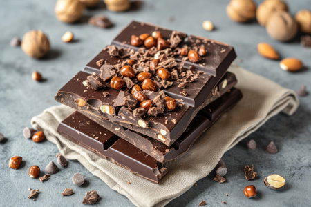 Dark chocolate with hazelnuts and nuts on a gray background.の素材