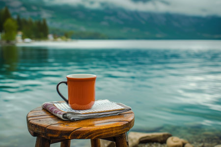 Cup of coffee on a wooden table in front of a lakeの素材