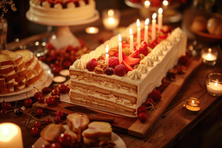 Birthday cake with berries and candles on wooden tableの素材