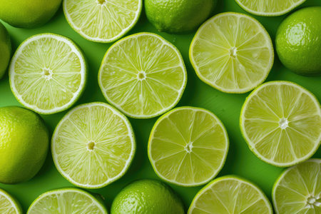 Fresh lime slices on green background. Top view. Flat lay.の素材