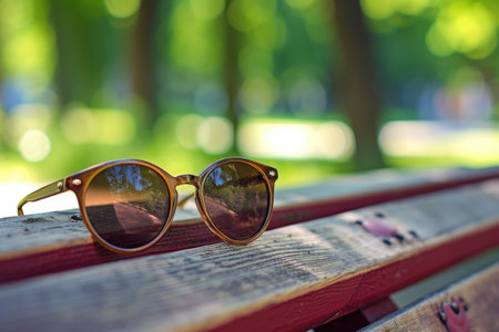 Sunglasses on a bench in the park. Selective focus.の素材