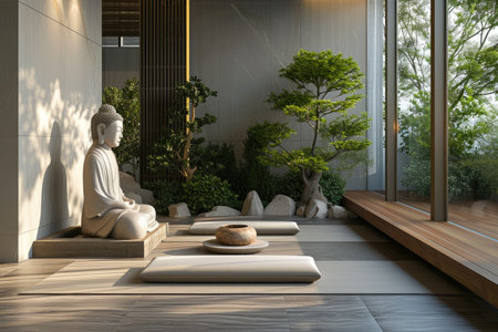 white marble Buddha statue in a modern living roomの素材