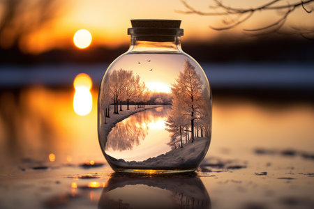 Winter landscape in a glass jar with reflection of trees and sunset.の素材