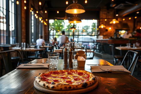 Pizza on a wooden table in a restaurant with a blurred backgroundの素材
