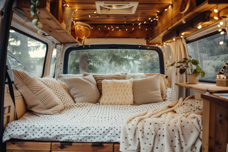 Camper van interior with cozy pillows and plaid on the bedの素材