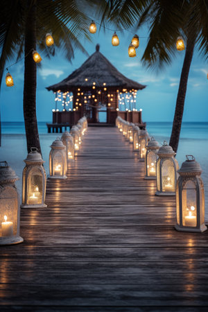 Wooden pier with lanterns and palm trees in the evening.の素材