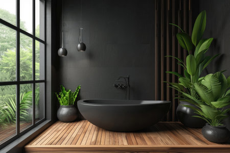 Luxury black bathroom interior with wooden floor, black bathtub and plants.の素材