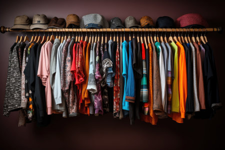 Clothes hanging on a hanger in a wardrobeの素材