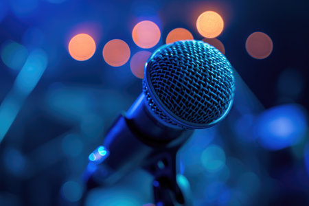 Microphone on stage with bokeh backgroundの素材