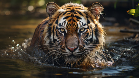 Close-up of a tiger in the water.の素材