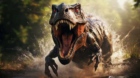 Dinosaur Tyrannosaurus Rex running in the forest.の素材