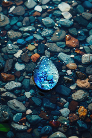 A clear transparent water drop on a pebble beachの素材