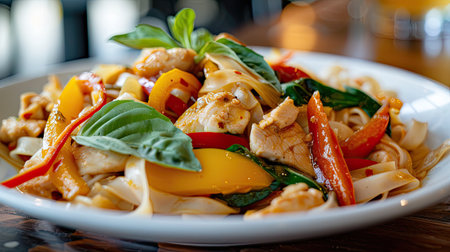 stir-fried noodles with chicken and vegetables in a white plateの素材