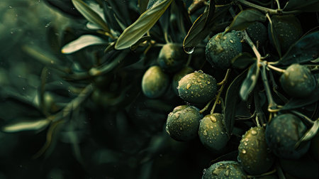 Green olives with drops of dew on the branches of a treeの素材