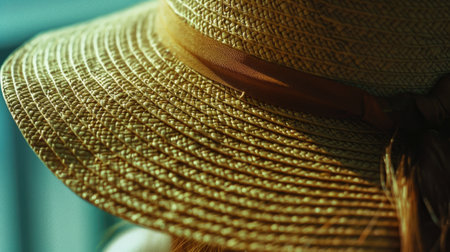 Women's straw hat on a background of blue sky. Selective focus.の素材