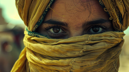 Close up portrait of a young woman in a yellow scarf.の素材