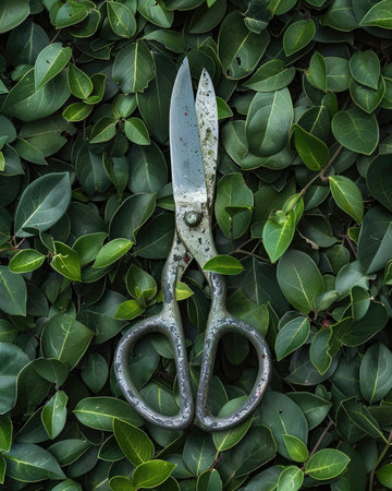 Old rusty scissors on green leaves background. Top viewの素材