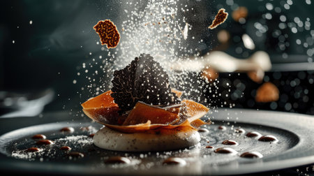 Delicious dessert with ice cream on a black plateの素材