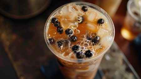 Iced coffee with milk and berries on the table in cafe.の素材