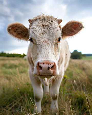 A closeup shot of a cow looking at the camera with a blurred backgroundの素材