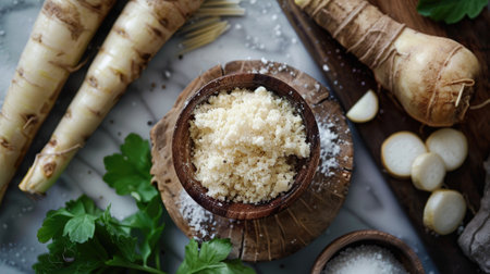 Fresh horseradish in a wooden bowl on a gray background. Top view.の素材