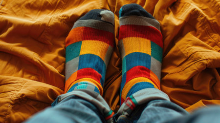Feet in colorful socks on the background of the autumn clothes.の素材