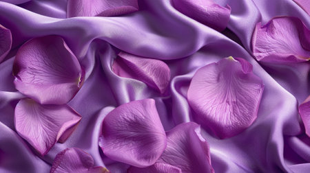 Purple rose petals on purple satin fabric as background textureの素材