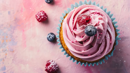 Cupcake with pink frosting and fresh berries on pink backgroundの素材
