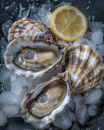 Fresh oysters with ice and lemon on black background. Top view.の素材