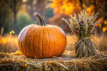 Autumn still life with pumpkins and dry grass on hay baleの素材