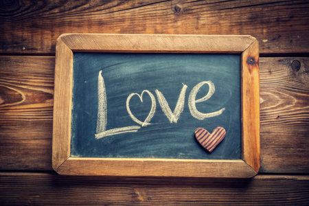 love written on a chalkboard in front of a rustic backgroundの素材