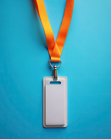 Blank white badge with orange ribbon on blue background, top viewの素材