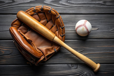 Baseball Glove and Bat on a Wooden Surfaceの素材