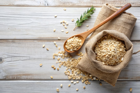 Scoop of Oatmeal and Flax Seeds on a Rustic Tableの素材