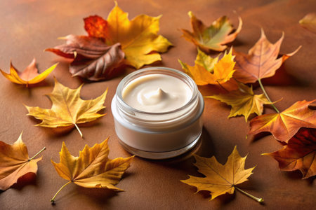 Jar of Cream Surrounded by Autumn Leavesの素材